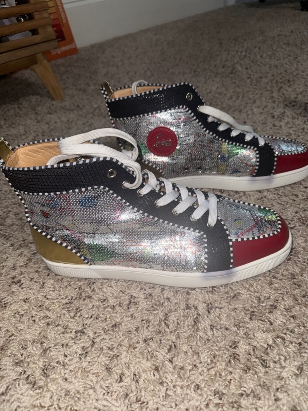 Men’s Christian Louboutin Multicolor Patterned High-Top Sneakers with Red Toe